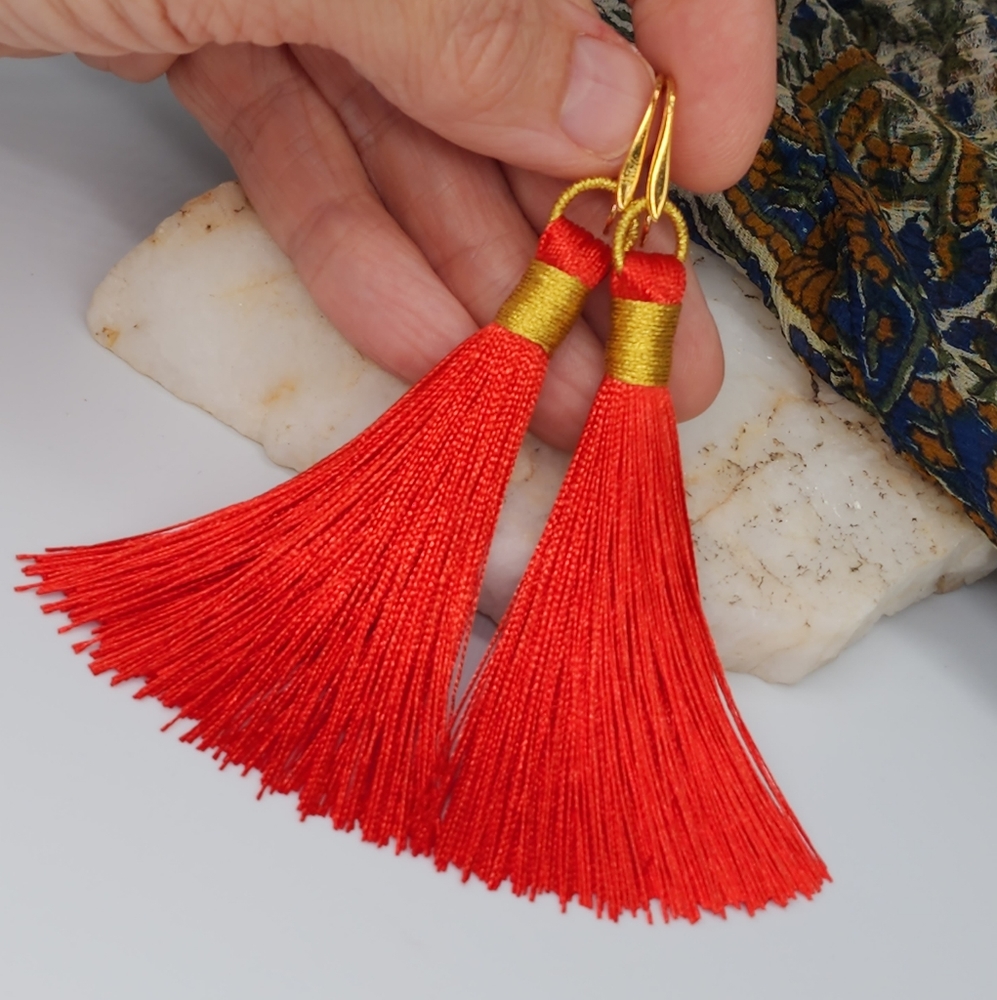 ❤️ Gold Earrings Red Silk Tassels Fabulous Bohemian style